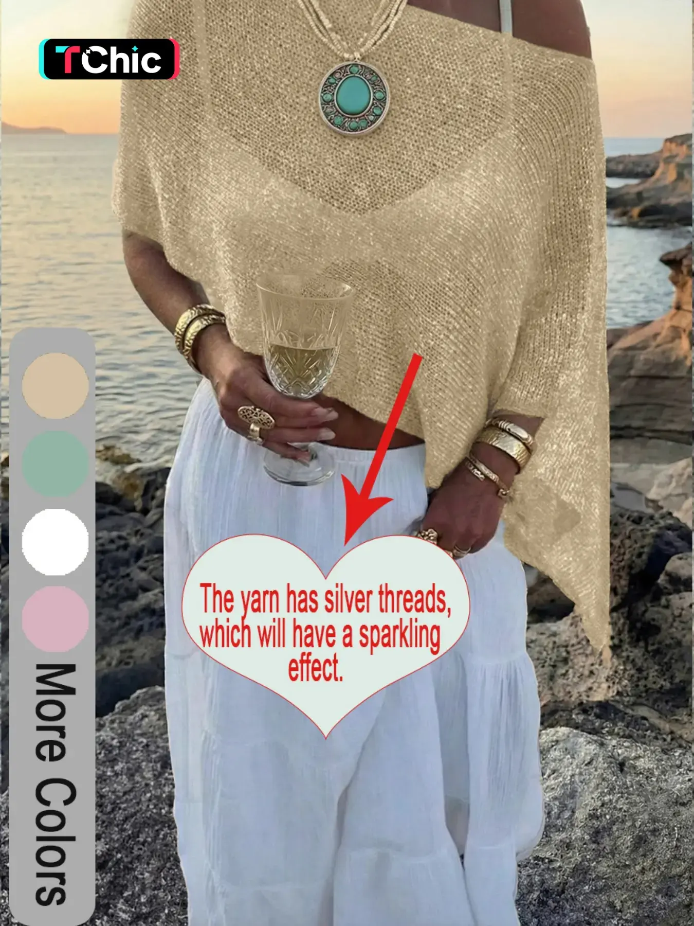Summer Women's Multi-Wear Lightweight Breathable Loose Flashy Yarn Knit Poncho, Casual Daily Wear, Spring & Fall Fashion, Knitwear