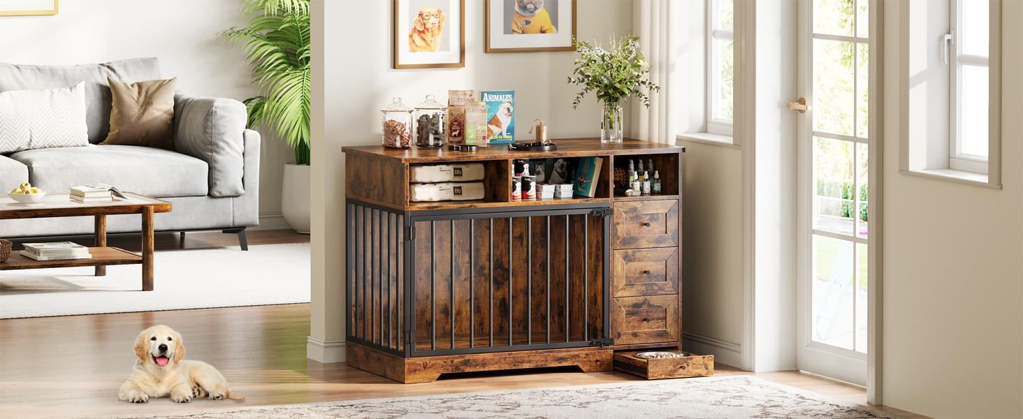 48'' dog crate furniture, heavy duty medium dog crate with bowl & storage drawers, crates for dogs indoor end table for small medium, retro brown