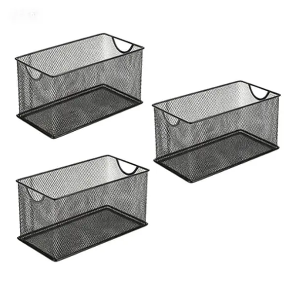 Premium Metal Steel Wire Mesh Storage Baskets (Set of 3) - Classic Dustproof Containers with Handles, 10.5"x5.5"x5.5" Reusable Stackable Organizers for Home Office (Hold Files), Bathroom, Desktop