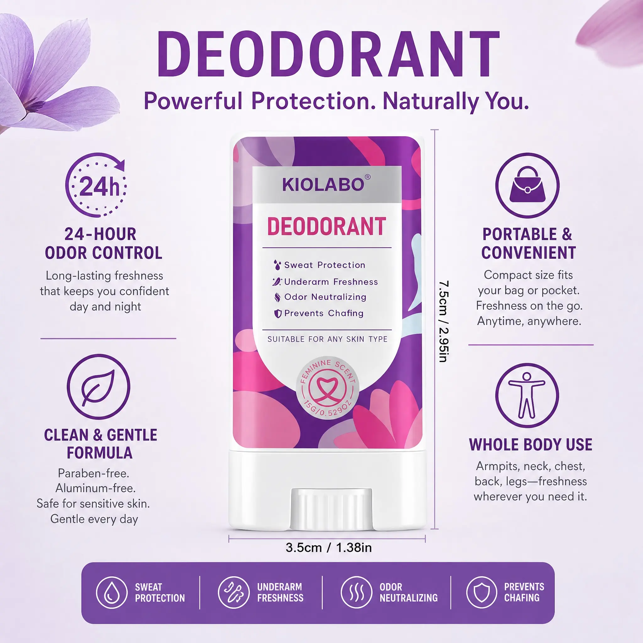 Natural Deodorant Stick 15g, Coconut Vanilla Scent, 24H Sweat & Odor Protection, Aluminum-Free, Long-Lasting Freshness, Whole Body Use, Sensitive Skin Friendly