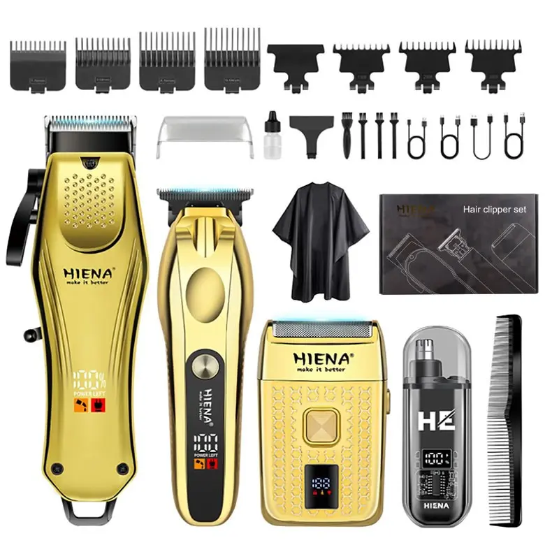 HIENA Professional Haircut Golden Four-Piece Set: Professional Digital Hair Clipper for Barbers, Beard Trimmer, Cordless Shaver, and Nose Hair Trimmer, Rechargeable Hair Trimmer Holiday Gift for Boyfriend/Father's Day Gift