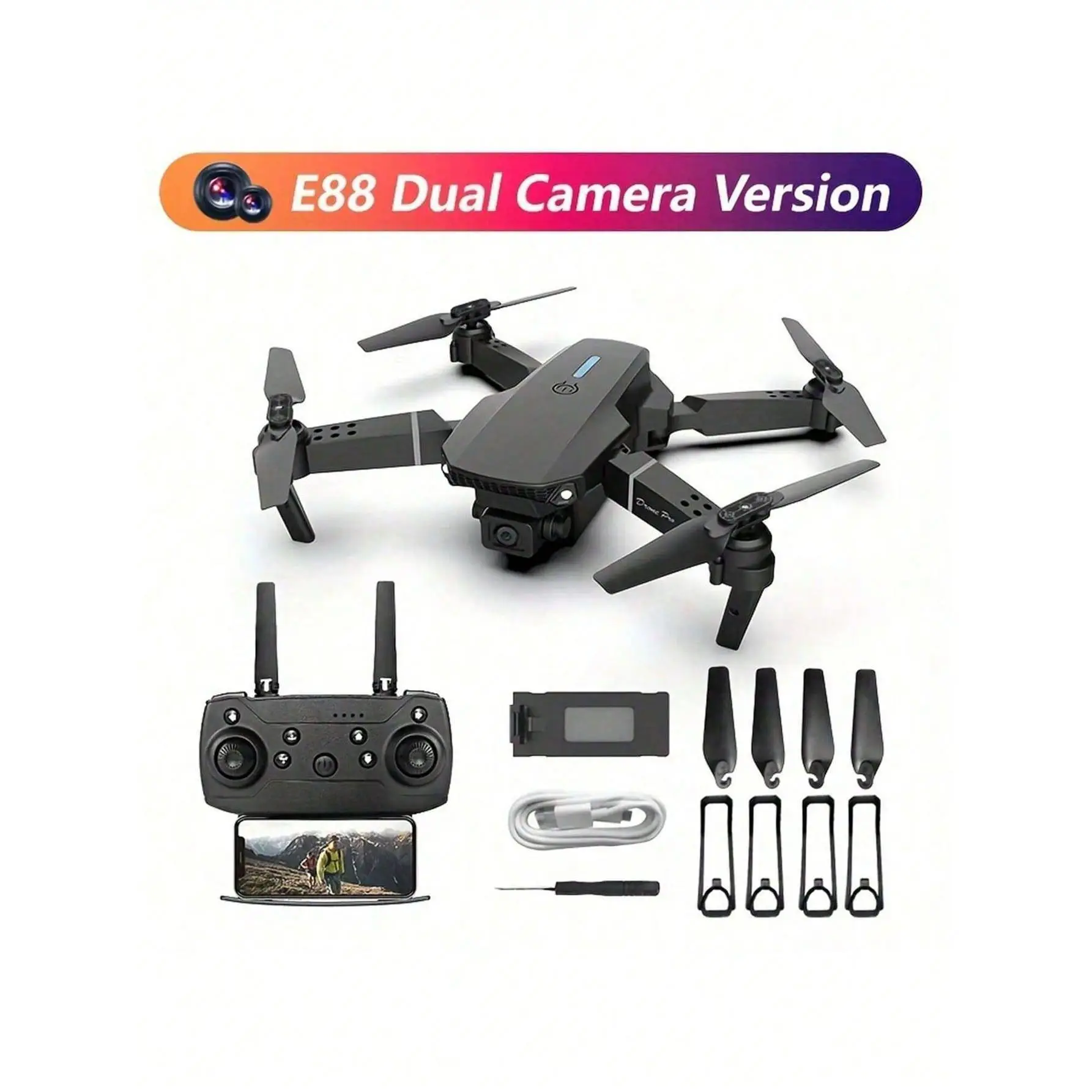 E88 Foldable Drone, Beginner's Introductory Flying Machine, Handle Remote Control, One Key Takeoff/Landing & Simple Operation, 360 Degree Flip, Horizontal Gyro, 6 Minutes Of Flight Time Per Charge, Gift For  Birthday. Cameras  Folding