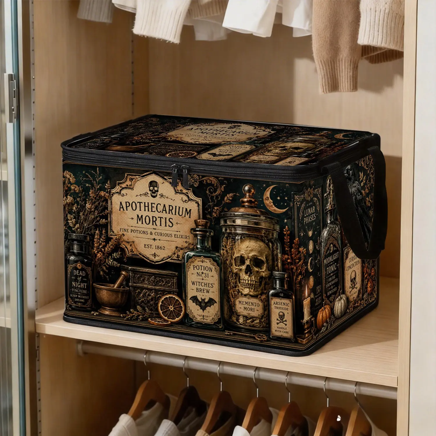 Dark Magic Potion Bottle Skull Pattern Fabric Storage Box, Foldable Large Capacity, Dust-Proof with Handle and Zipper, Home Organization, Decorative Home Organizer