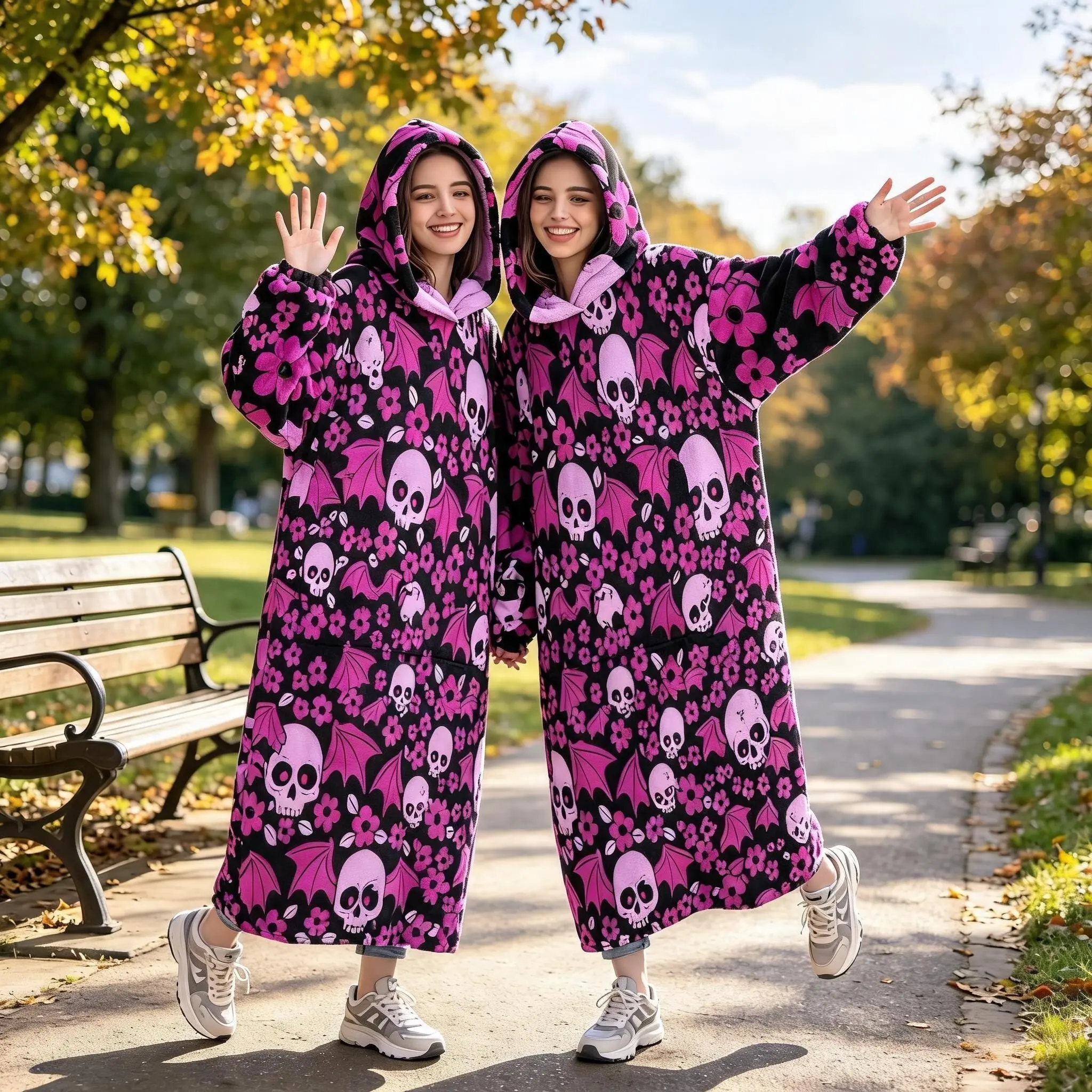 Y2K Skeleton Print Wearable Blanket, Soft Flannel Hooded Wrap, Cozy Shoulder & Neck Warmth, Perfect for Girls, Dorms, Cars, Gifts