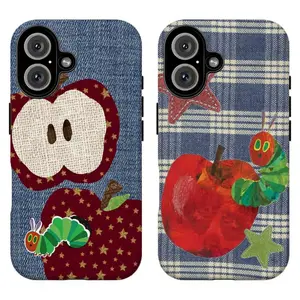 Hungry Caterpillar Denim Patchwork Phone Case|Plaid Fabric Apple Print Phone Cover For iPhone 17 Pro Max 16 15 14 13 12 11 for Samsung S21 S22 S23 S24 S25 S26 Phone Case|Best Gift
