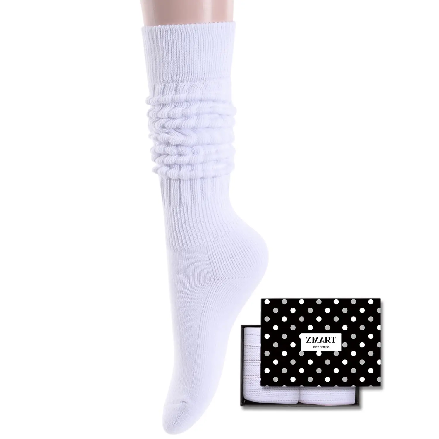Zmart Funny White Socks for Women Teen Girls, White Slouch Socks, White Scrunch Socks, Thick Long High Knit Socks, Gifts for the 80s 90s, Vintage Solid Color Socks