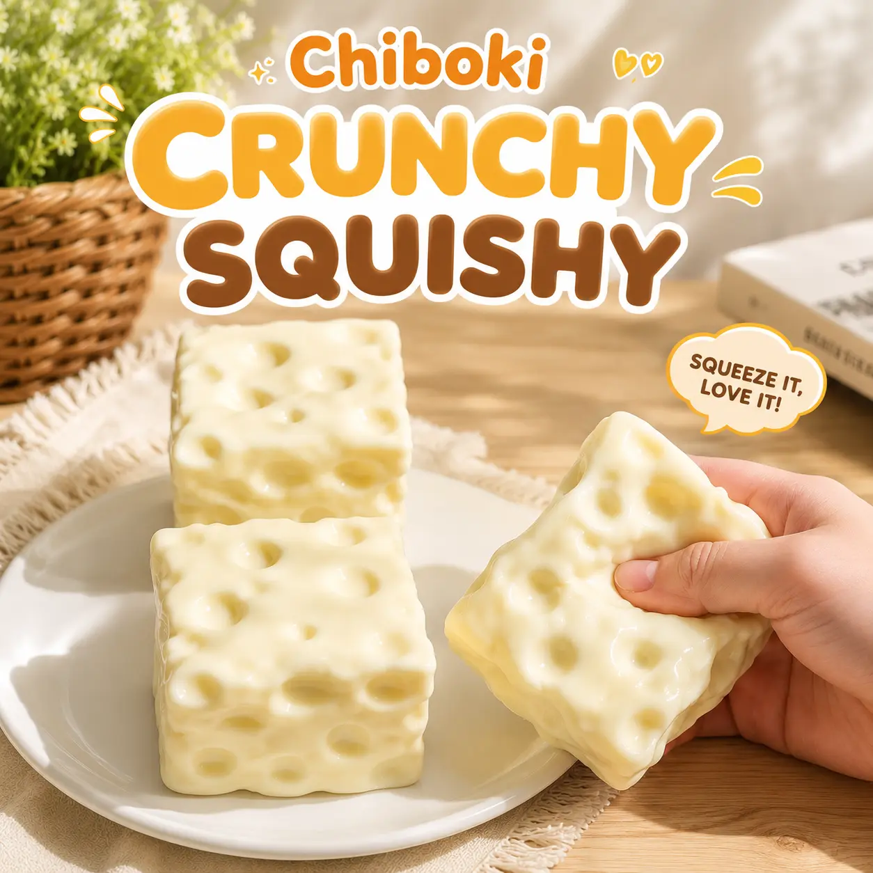 Chiboki Crunchy Squishy，Realistic Cheese Squishy, Crunchy Sensory Fidget Toy, Stress Relief Squeeze Toy, Desk Toy, Cute Gift for Kids & Adults
