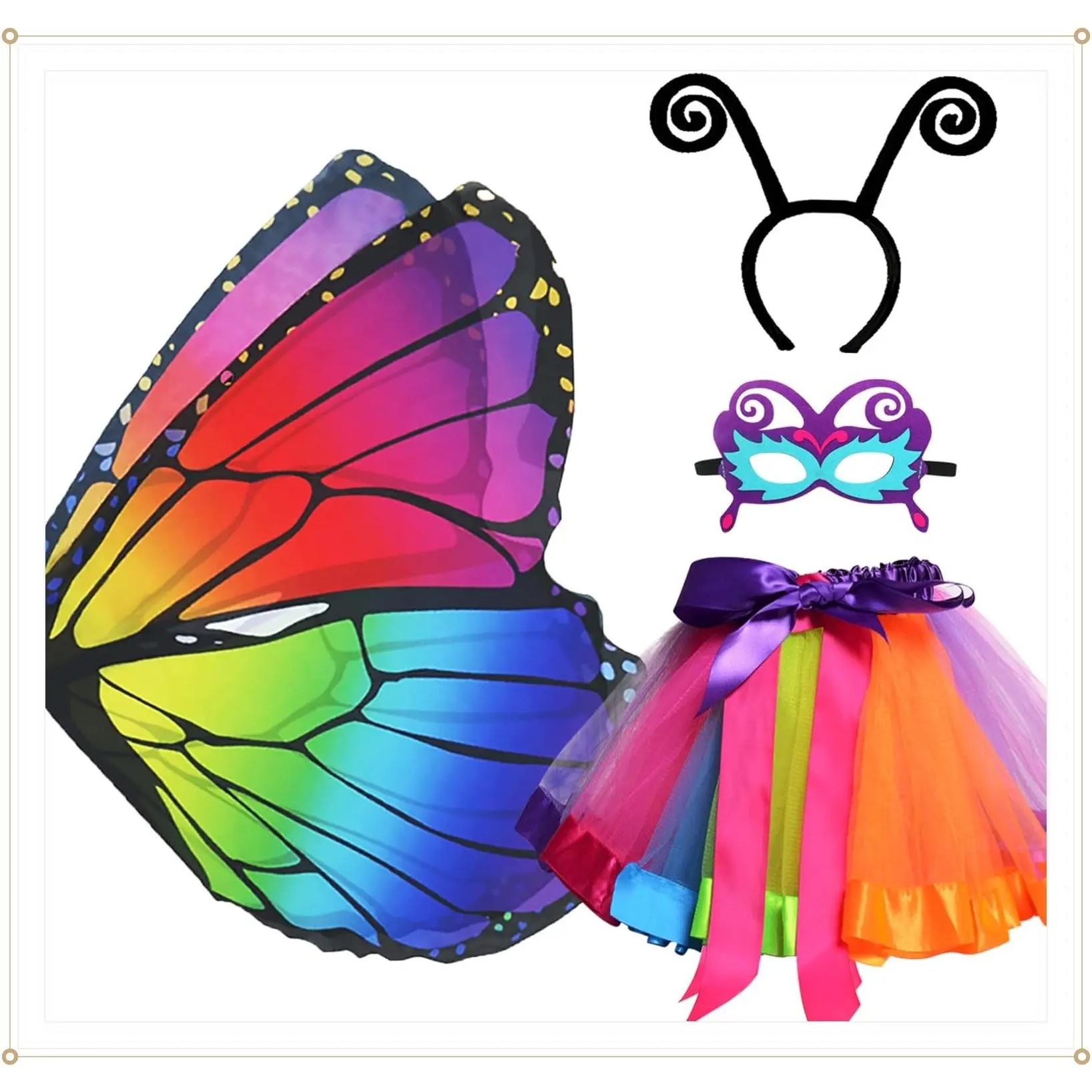 Fairy Butterfly-Wings Costumes for Girls Dress Up with Rainbow Tutu Mask Headband Bug Play Toys for Kids Party GiftsGift