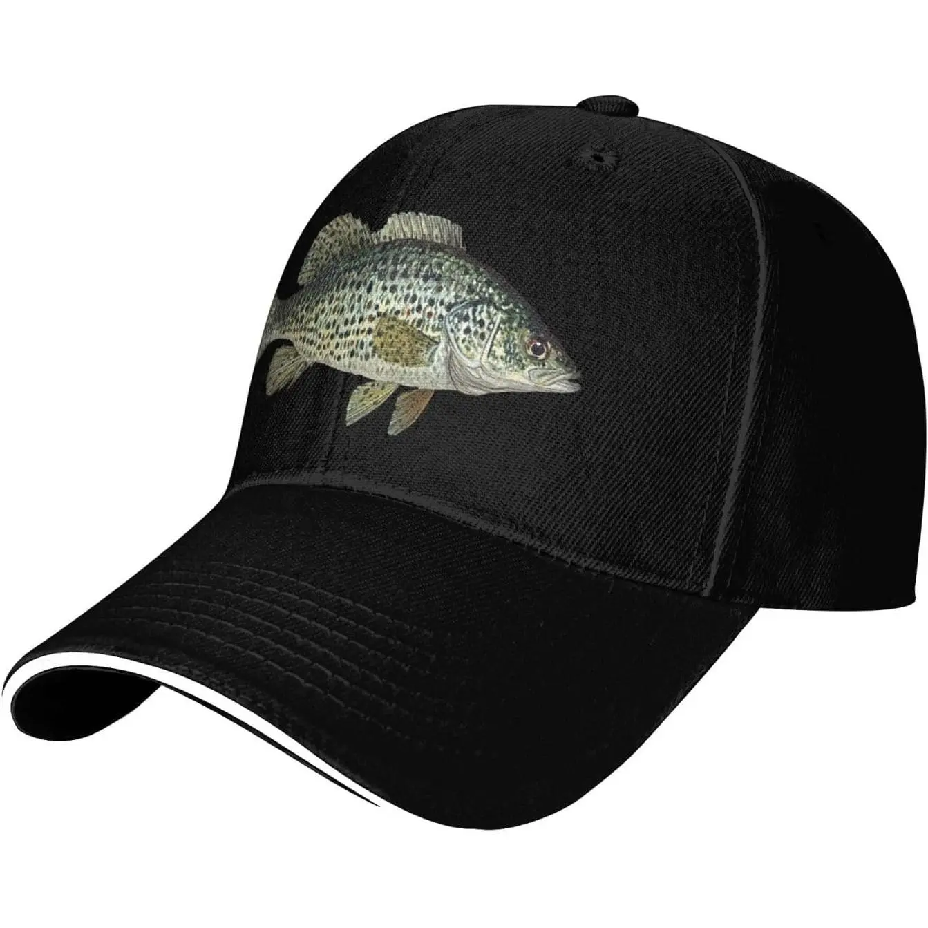 Crappie Fish Sandwich Brim Baseball Cap, Unisex Clothes Accessory with Adjustable Band, Casual Wear Classic Sports Casquette for Men Women, Black