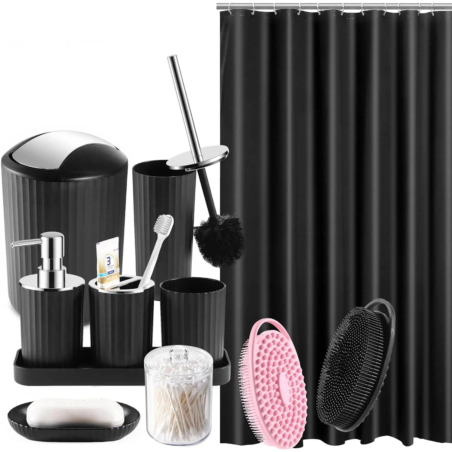 Bathroom Accessories Set, 12Pcs Black Accessory Sets with Body Scrubber, Shower Curtain, Trash Can, Toilet Brush & Holder, Soap Dispenser & Dish, Toothbrush Holder & Cup, Tray, Qtip Holder