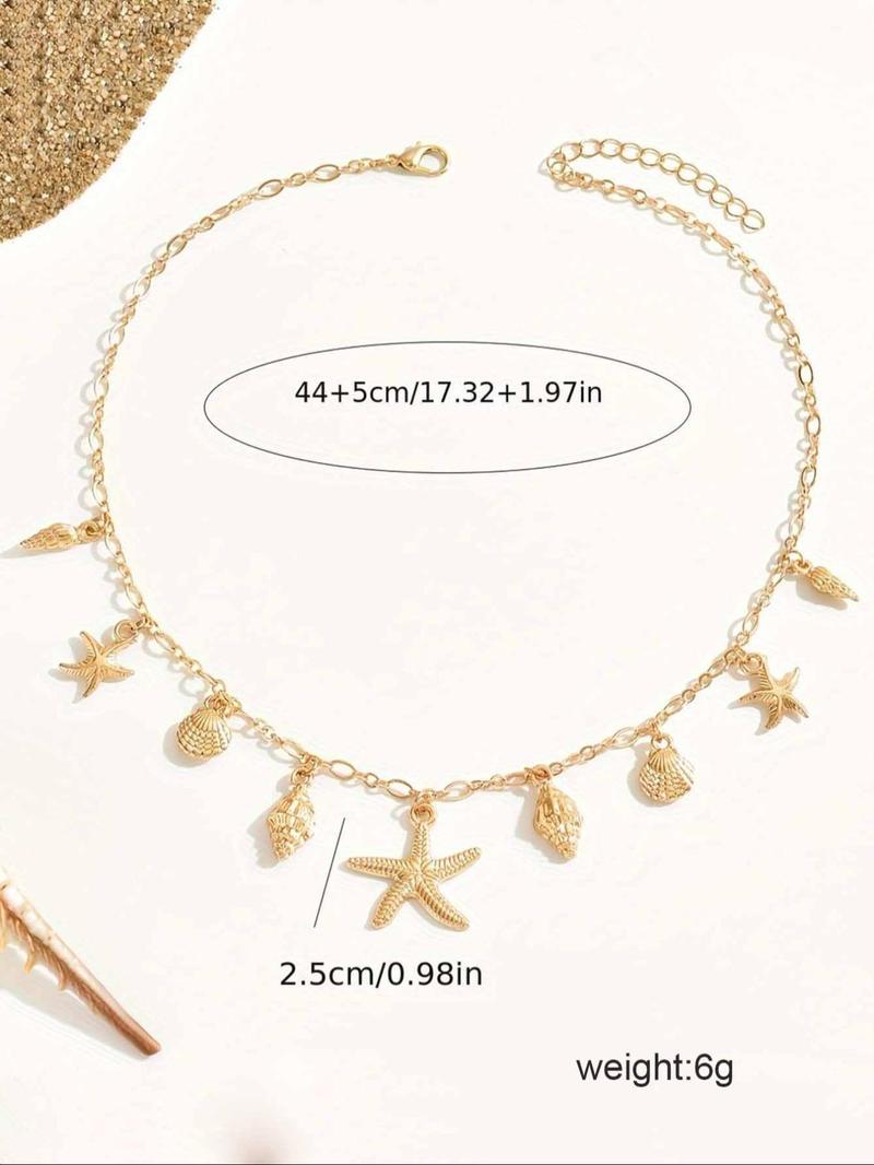 Women's Boho Style Starfish & Shell & Conch Design Layered Necklace, Vintage Trendy Pendant Necklace, Chic Jewelry As Gift for Girlfriend, Daily Wear Necklace, Dainty Necklace
