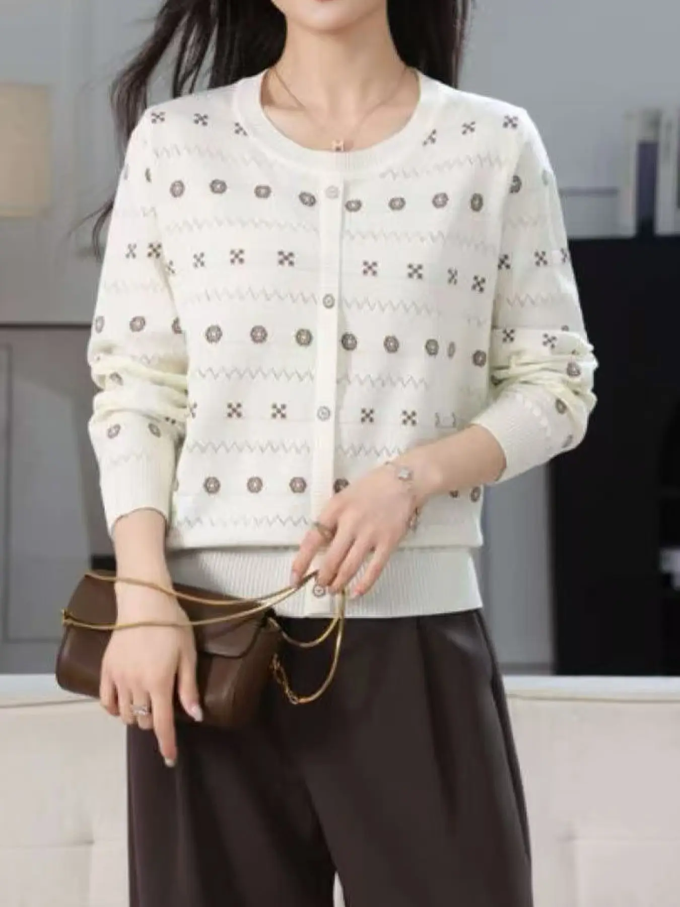 Tweed Stripe Knit Sweater, Long Sleeve Pullover, Loose-Fitting Casual Wear, Plain Surface Design, Unlined, Ideal for Everyday Style