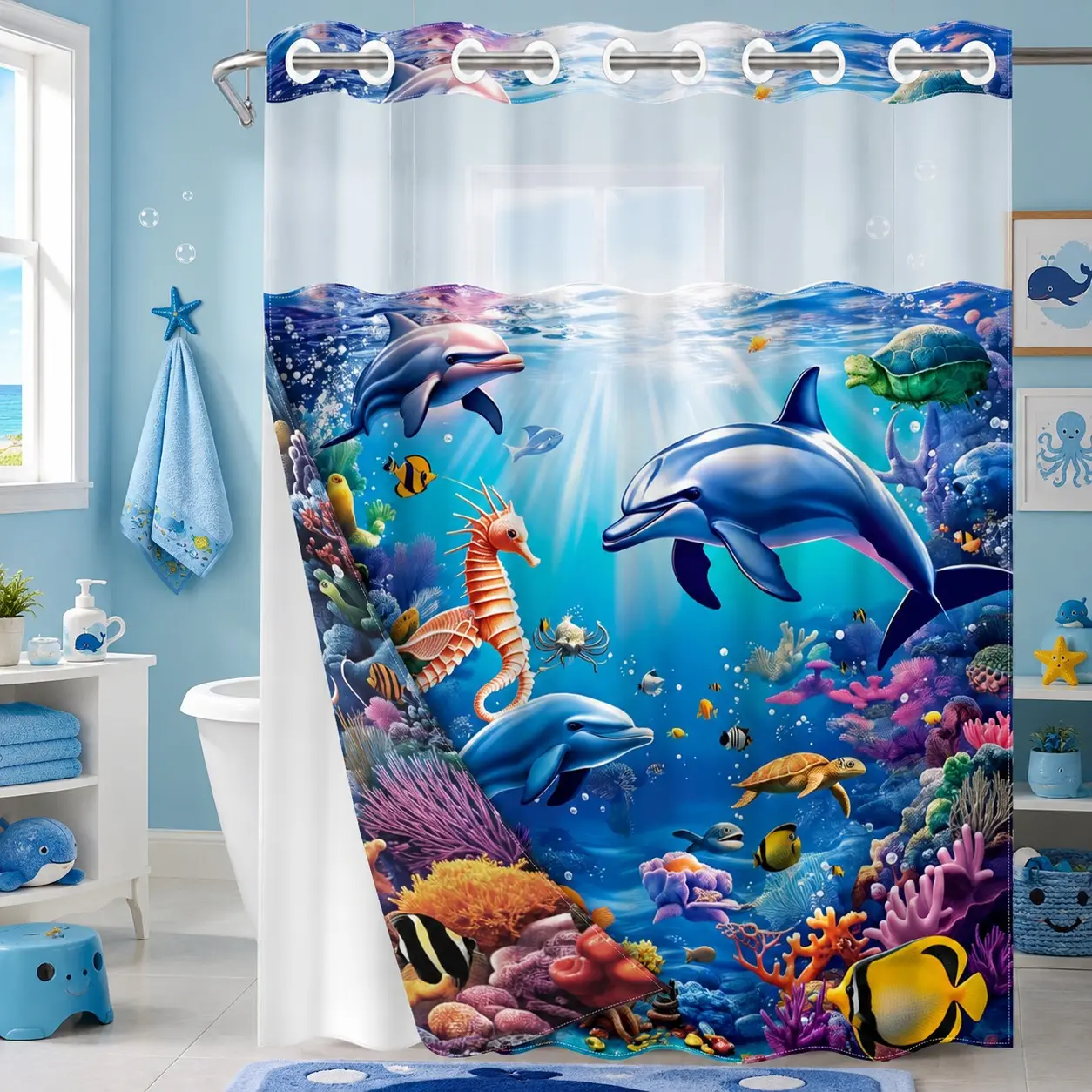 1PC 2D Flat Vibrant Underwater World Dolphin Printed Ocean Shower Curtain, Marine Life Coral Reef Design, Kids Bathroom Curtain (No Hooks)