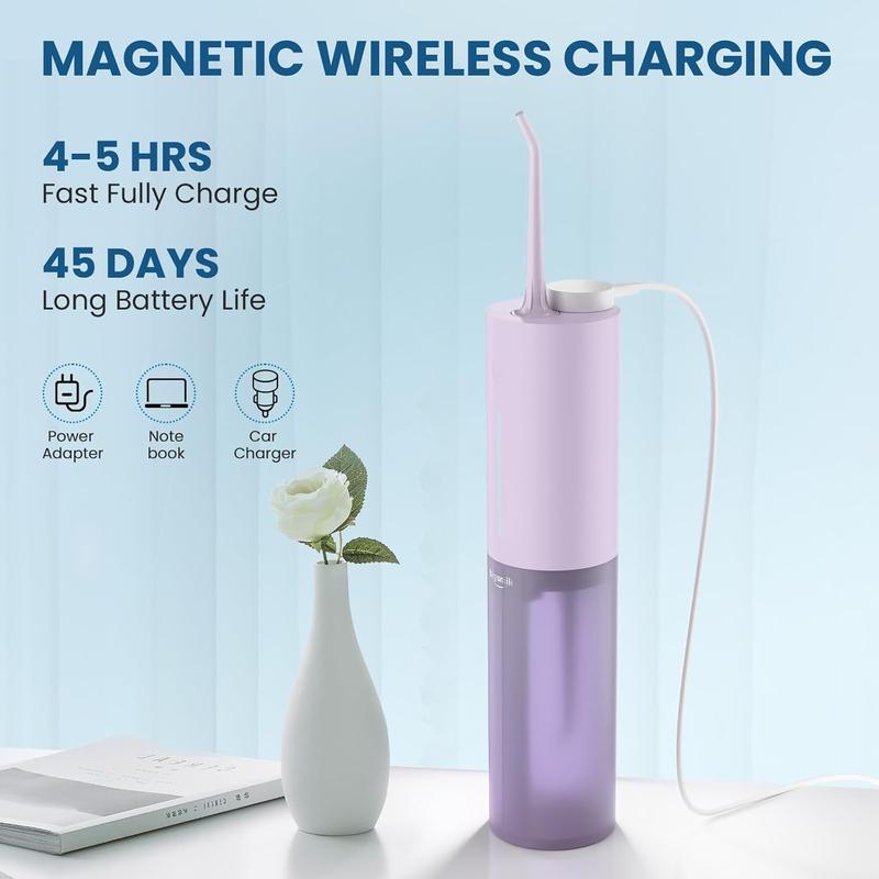 Travel Cordless Water Flosser, IPX7 Waterproof Electric Oral Irrigator with 3 Modes and 4 Replaceable Jet Tips, Rechargeable and Portable for Easy Cleaning (Purple)