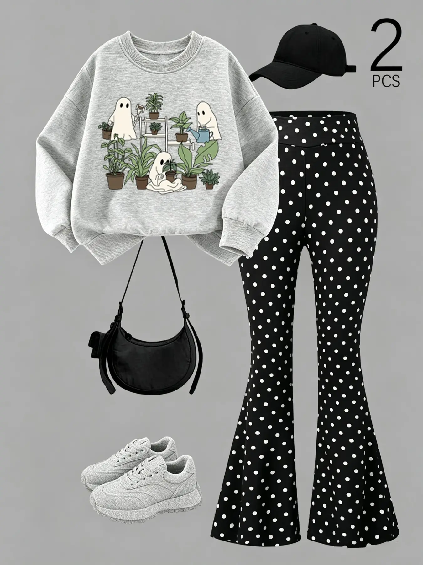 Cute Ghost Plant Print Two-Piece Set, Retro Loose Round Neck Long Sleeve Sweatshirt, High Waist Polka Dot Pants, Halloween Theme