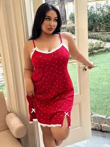 Plus Size Mini Heart Print Cami Nightdress, Lace Trim with Cute Bow Decoration, Perfect for Home and Daily Wear