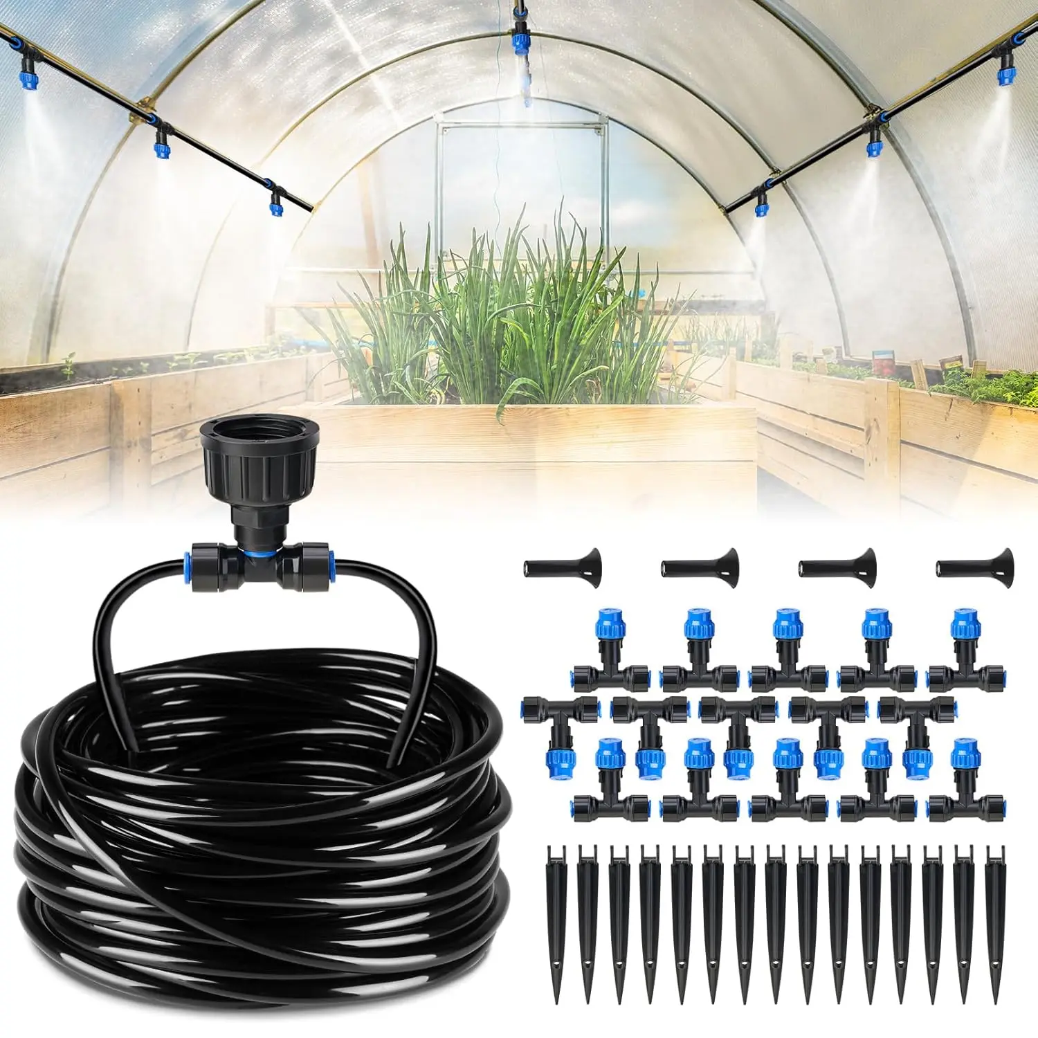 59FT Drip Irrigation Kit, Quick-Connect Garden Watering System with 15 Adjustable Misting Nozzles and 1/4 in Tubing for Greenhouse, Hanging Plants, Raised Beds & Patio Containers