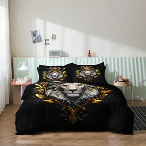3 Pieces Golden Crown King Lion Duvet Cover Set, Luxury Gold Laurel Wreath Lion Head Printed Bedding, Soft Microfiber Noble Royal Style Bedding For Bedroom Home Decoration, Multiple Sizes Available (1 Duvet Cover + 2 Pillowcases, No Comforter No Pillow)