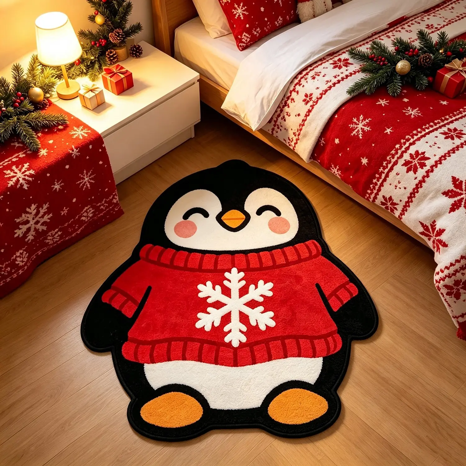 Christmas Penguin Rug, Cute Animal Shaped Plush Mat, Home Living Room Entryway Bedroom Bedside Pad, Washable Hand Wash Only