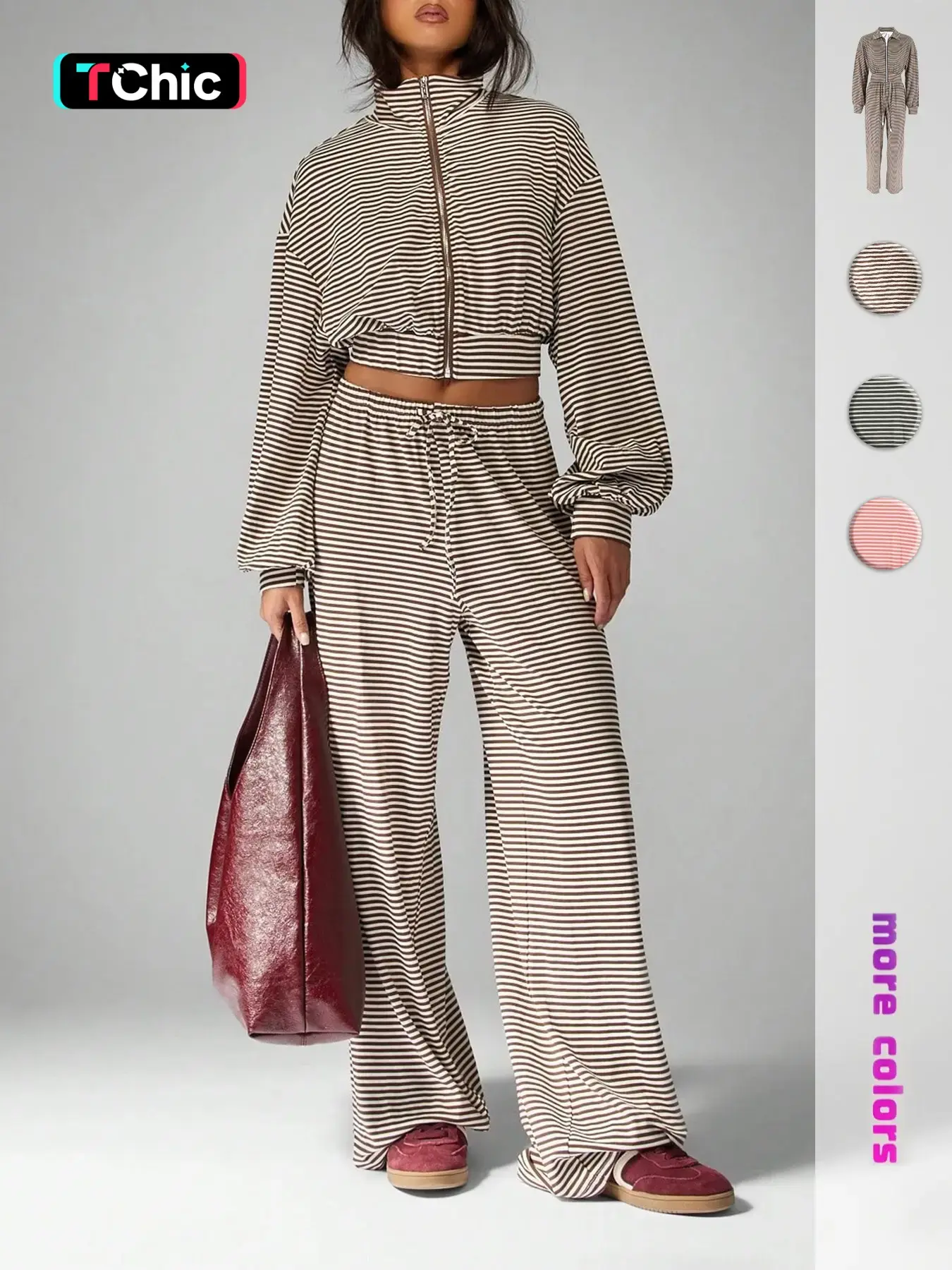 Women's Striped Casual Everyday Two-Piece Set Lightweight, High Neck Zipper Short Jacket + Drawstring Wide Leg Pants, Lazy Style, Outfit