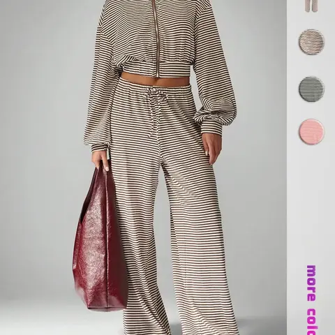Women's Striped Casual Two-Piece Set, High Neck Zipper Short Jacket + Drawstring Wide Leg Pants, Lazy Style, Two Piece Outfit
