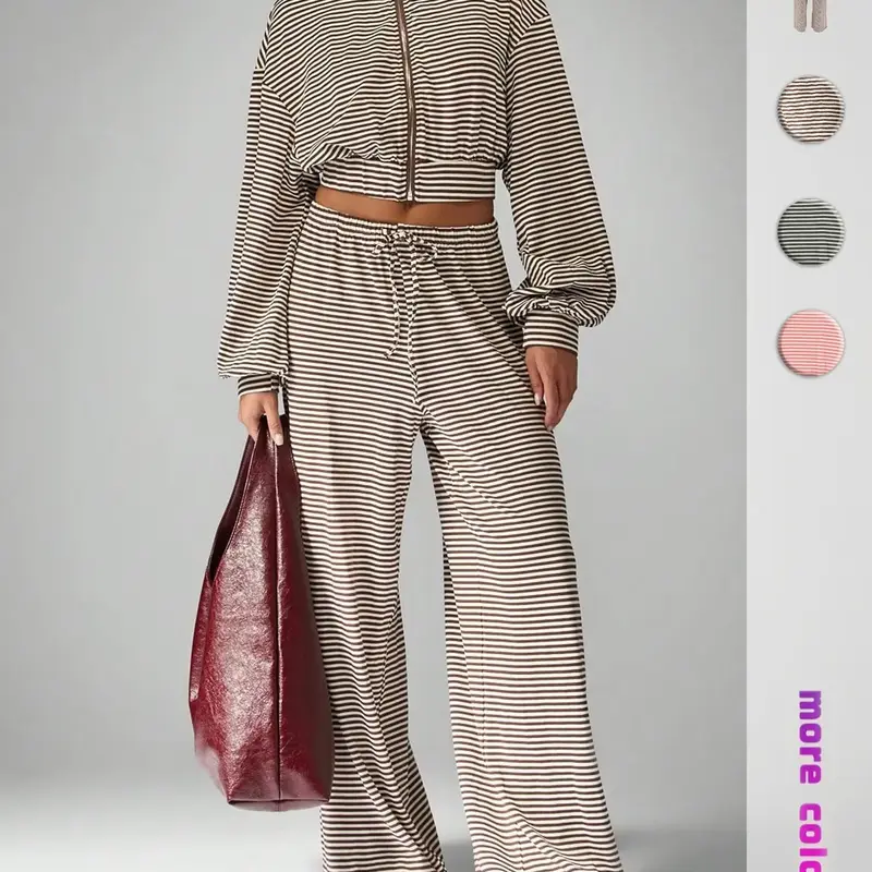 Women's Striped Casual Two-Piece Set, High Neck Zipper Short Jacket + Drawstring Wide Leg Pants, Lazy Style, Two Piece Outfit