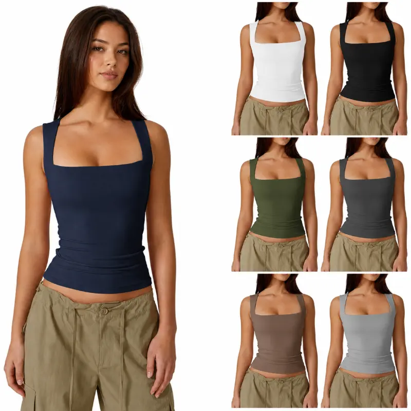 Women's Square Neck Tank Top, Sleeveless Fitted Basic Top, Wide Strap Slim Fit Cami Shirt, Casual Summer Going Out Top for Women, Y2K Trendy Layering Tank for Daily Wear, Vacation, Beach, Club, Date Night, Weekend, Streetwear Outfit, Everyday Style