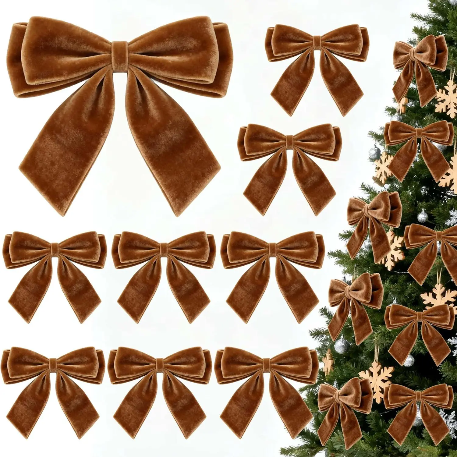 12 count  Bows for Christmas Tree, Brown Bows Christmas Decorations with Twist Tie, Bulk   Ornaments for Wreath Garland  Wrapping Wedding Champagne Parties Decor, 6 * 6in