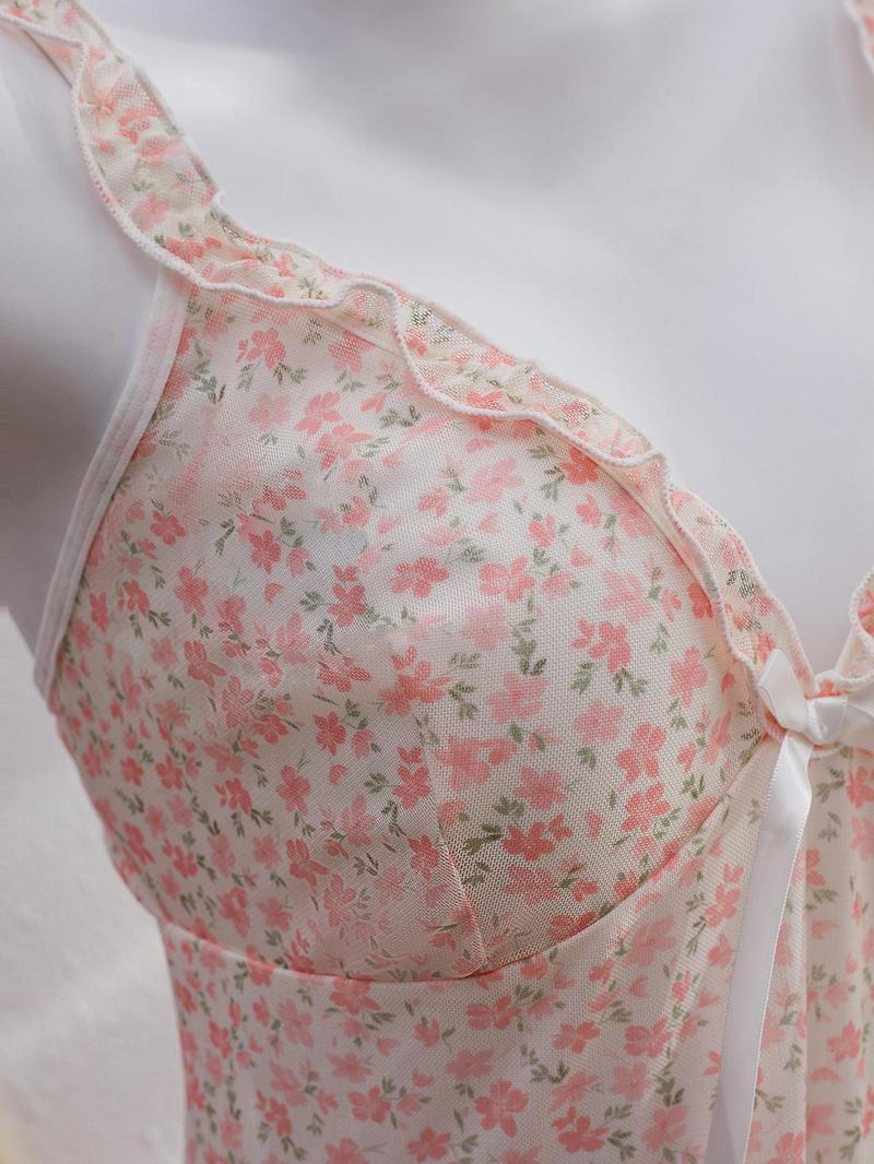 Women's Ditsy Floral Print Bow Decor Frill Trim Mesh V Neck Cami Nightdress & Thong Sexy Sleepwear Two-Piece Set, Romantic Fashion Adjustable Strap Tie Back Backless Ruffle Hem Nightgown & Panty, Women's Sleepwear for All Seasons