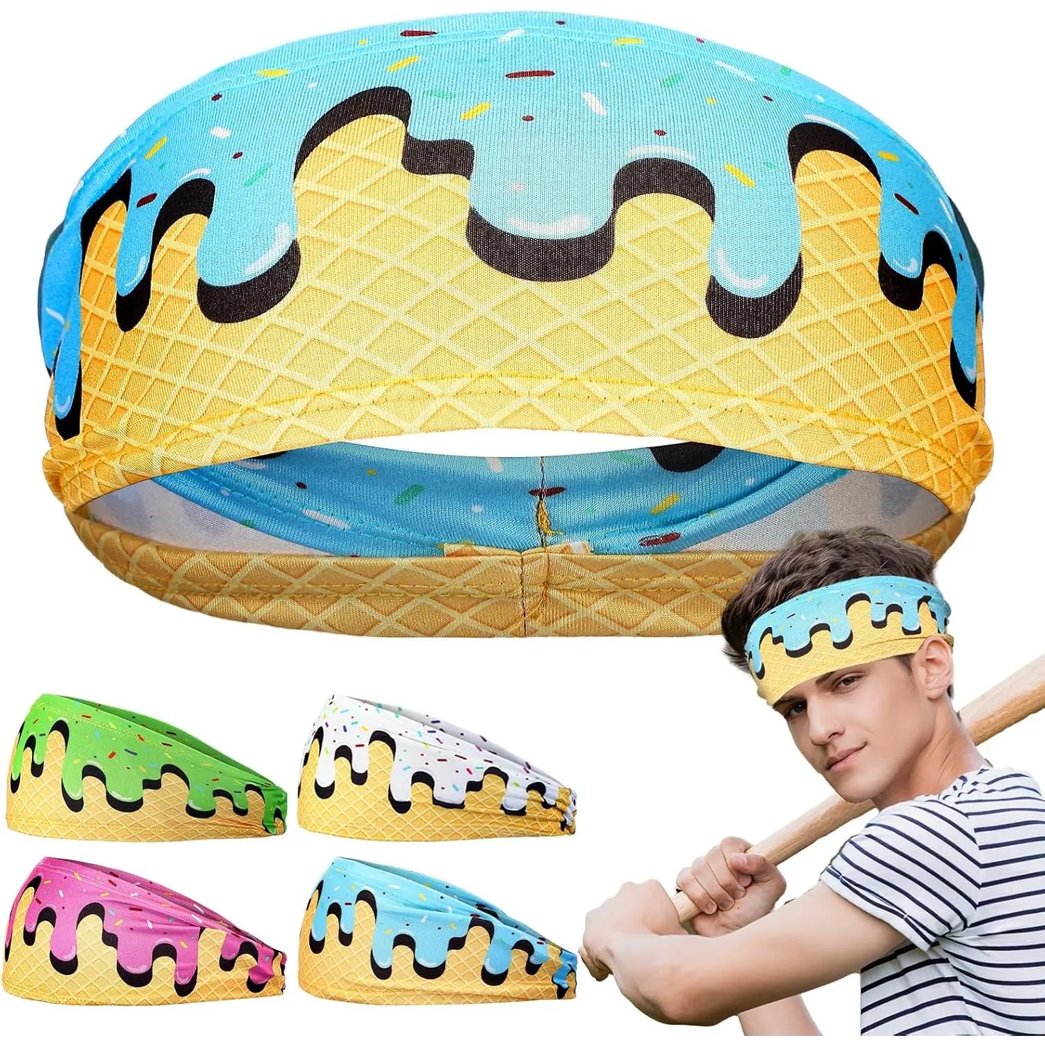 Baseball Headband Ice Cream Headband Baseball Ice Cream Drip Athletic Sweatband Workout Hairband Breathable Soft Elastic for Men Women Adults