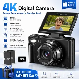 4K Digital Camera for Photography with 64MP, 3 Inch 180° Flip Screen, 18X Digital Zoom, 32GB Micro SD Card, 2 Batteries, Ideal for Gift,father'sdaygifts