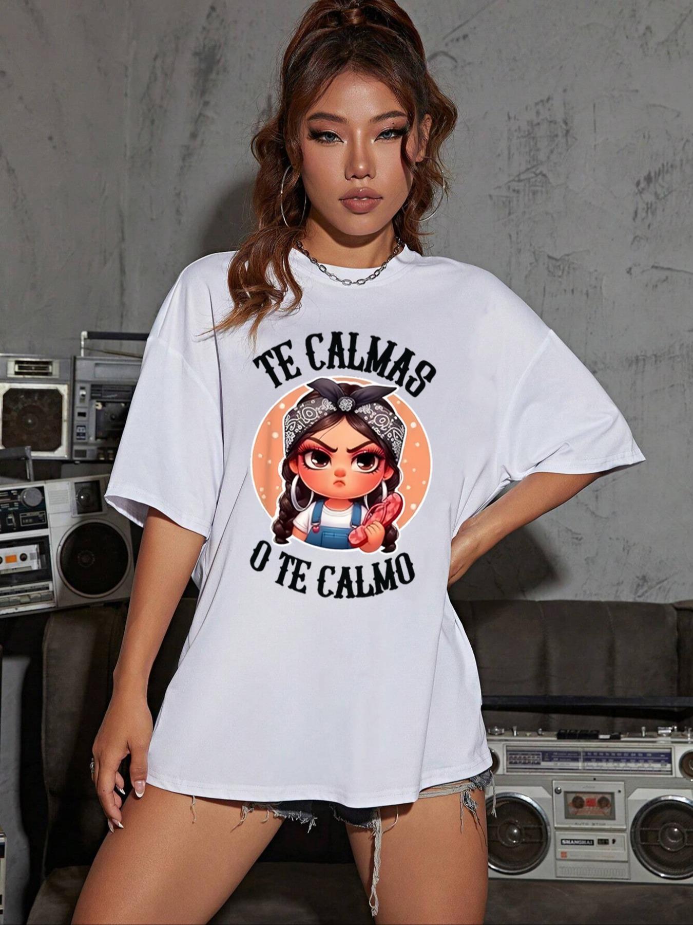 Women's Cartoon & Letter Print Round Neck Tee, Fashion Casual Short Sleeve T-shirt for Daily Wear, Ladies Summer Clothes