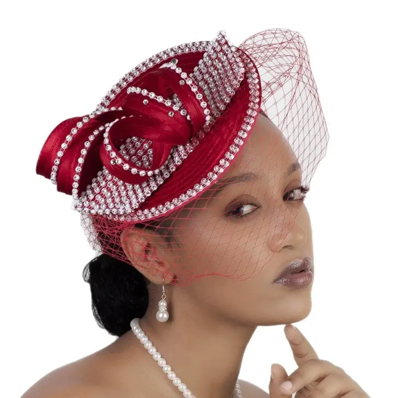 Women Red Veil Fascinator Hat, Pearl Rhinestone Church Hat for Wedding Tea Party Derby Dress Party