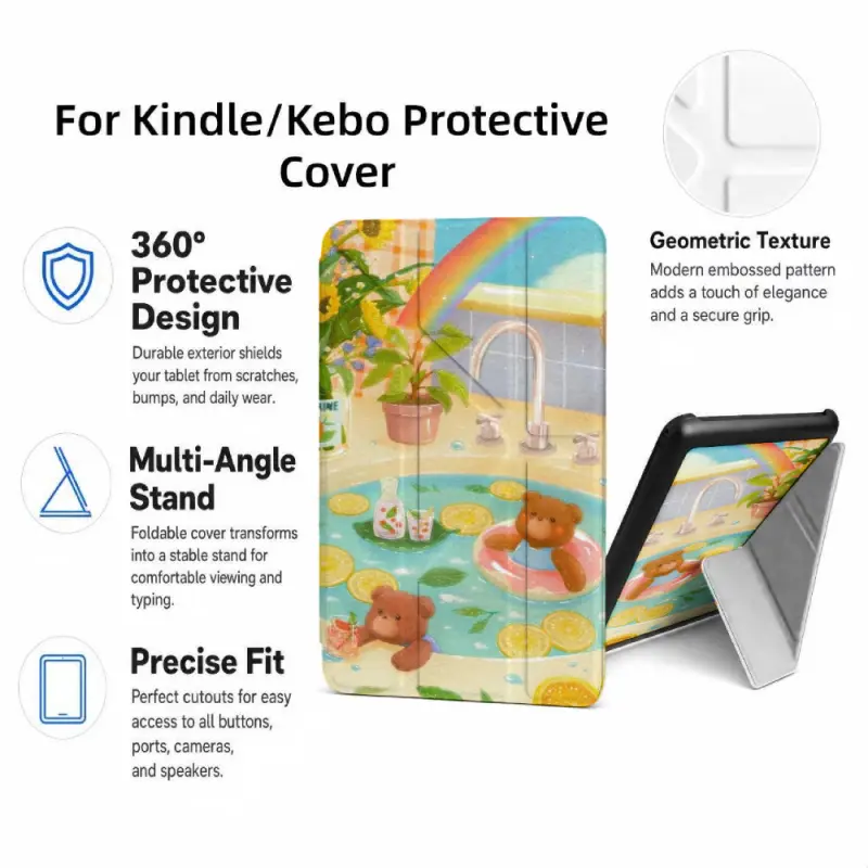 For Kindle/Kobo/Tolino Case, with stand Rainbow Pool Bears Plants Sunlight for New Kindle 11Th 2019, for Kindle 11th Generation Case for Kindle 11Th (2022/2024), 6-Inch, 7-Inch Kindle Paperwhite 12Th Generation 2024 Vision Color (2024) /Vision 6 (2021）/Sh