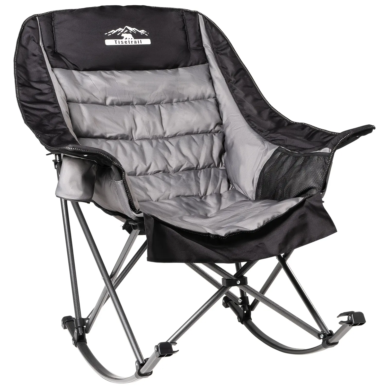 Oversized Rocking Camping Chair for Adults, 400LBS Heavy Duty Padded Outdoor Rocker Chair with Cup Holder, Portable Foldable Camp Chair for Backyard And Patio