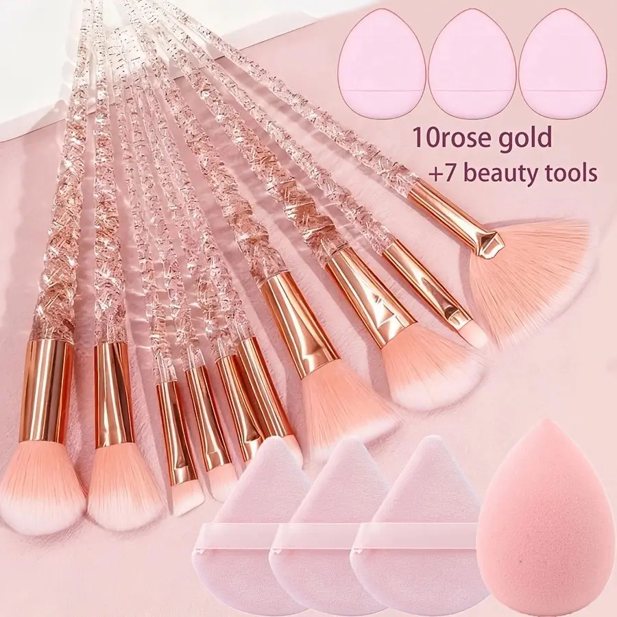 17-Piece Luxury Unicorn Makeup Brush Set, Includes Powder Puff and Beauty Egg, Nylon Bristles, Rose Gold Handle, Perfect Gift