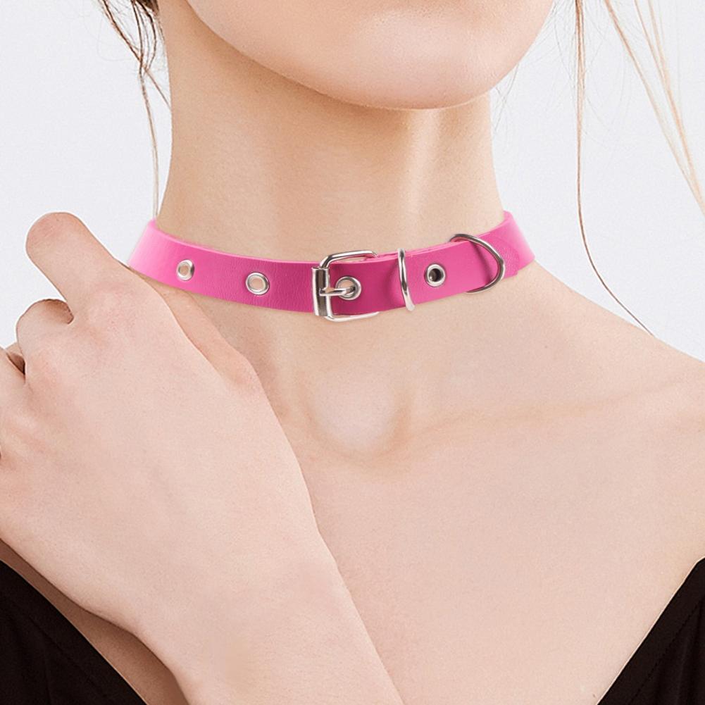 Women Necklace Faux Leather Vintage Punk Style Adjustable Solid Color Bukle Pin Neck Belt Party Club Choker Adult Jewelry