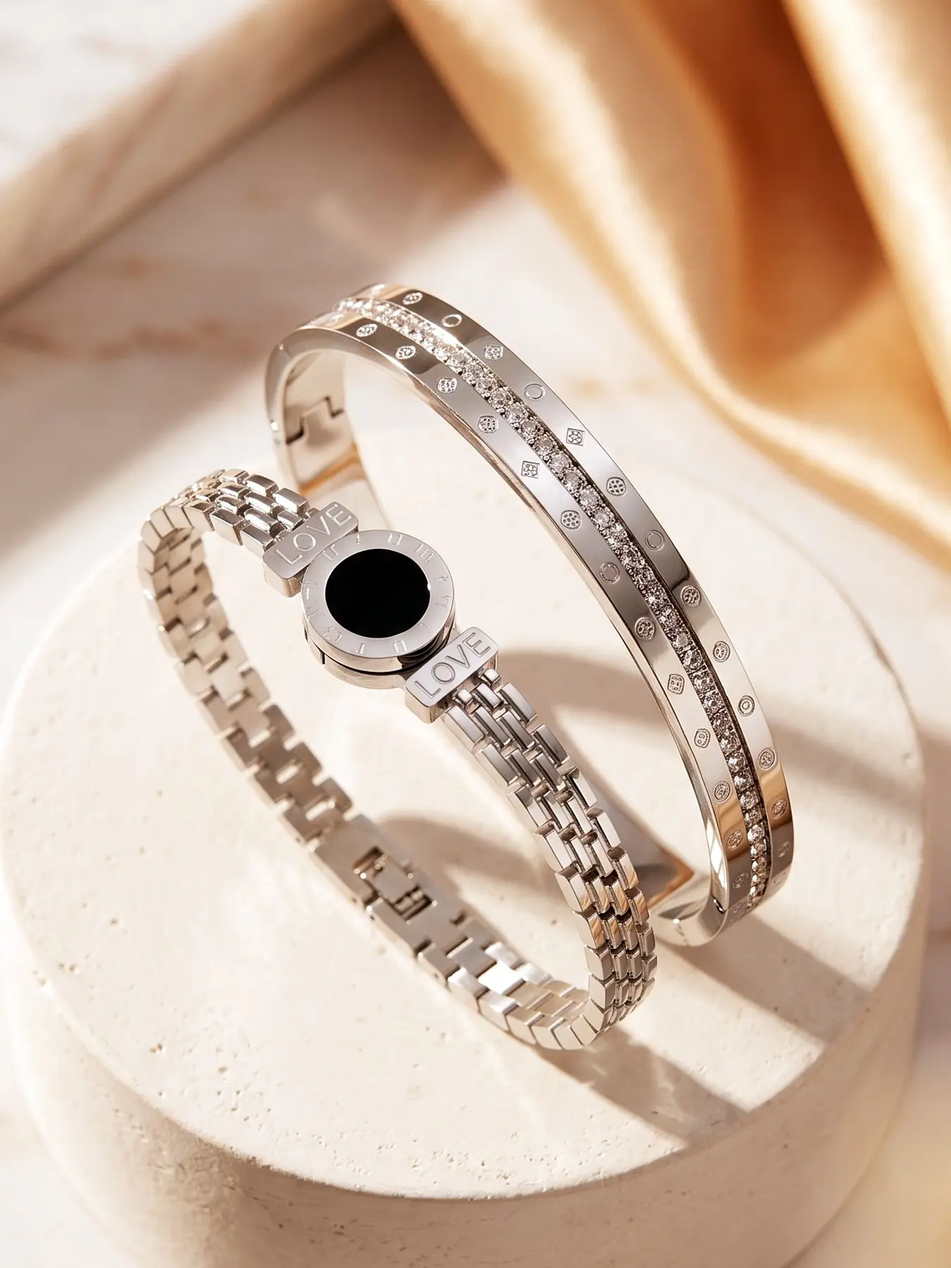 Luxury Titanium Steel Bracelet Set, Engraved Love Roman Dial Band, Zircon-Studded Open Bracelet, Romantic Waterproof Jewelry, Ideal Gift