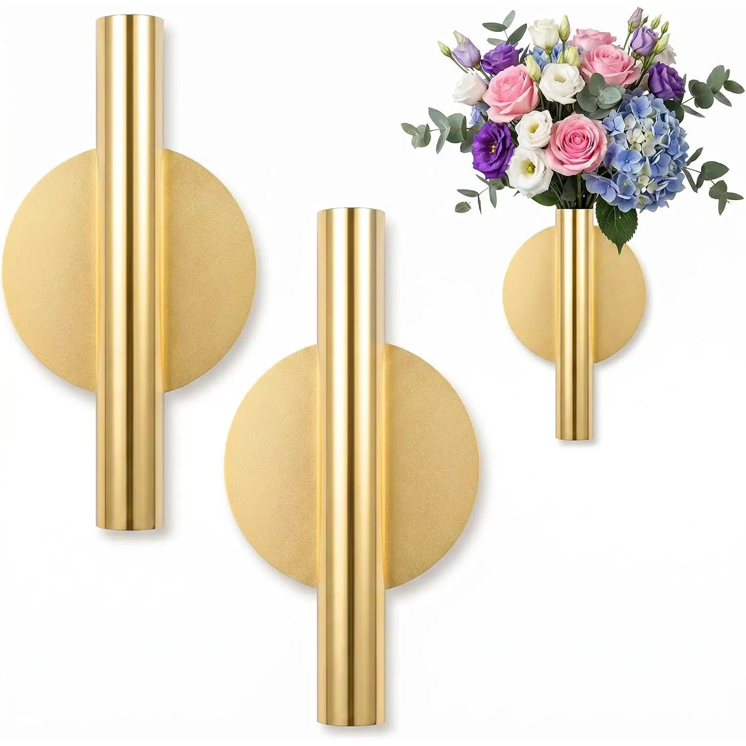 2PCS Mausoleum Vase Wall Flower Vase, Flower Planter Hanging Vases that Hangs on Wall Metal Plant Vases Metal Tube Holder, Walls Flowers Refill for Modern Home Decor Fake Flowers Display (Gold)