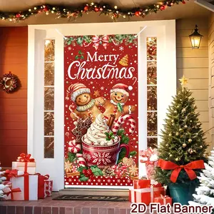 2D Flat Banner HD Digitally Printed Polyester Photography Backdrop, Red Christmas Gingerbread Man Hot Chocolate Pattern, Soft Lightweight Foldable Machine Washable Background Cloth for Holiday Party Decor, Front Door, Wall Hanging