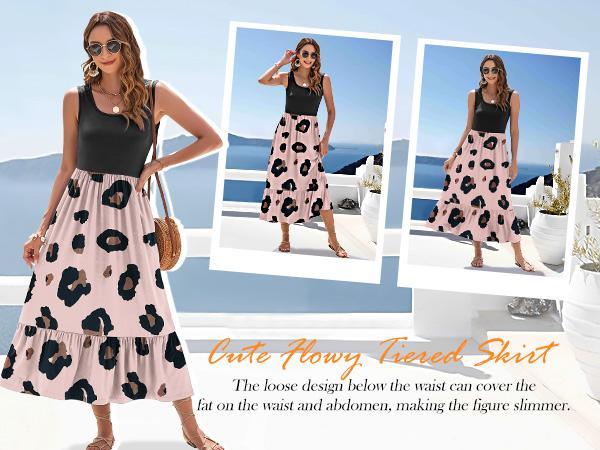 AUSELILY 2026 Womens Summer Dresses Sleeveless Maxi Dress Square Neck Casual Tiered Swing Dress with Pockets Summer Dress Sunshine Floral