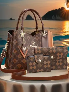 Women's High-Quality PU Leather Messenger Bag Set, Geometric Pattern, Casual Style, All Seasons, Perfect Gift for Elders