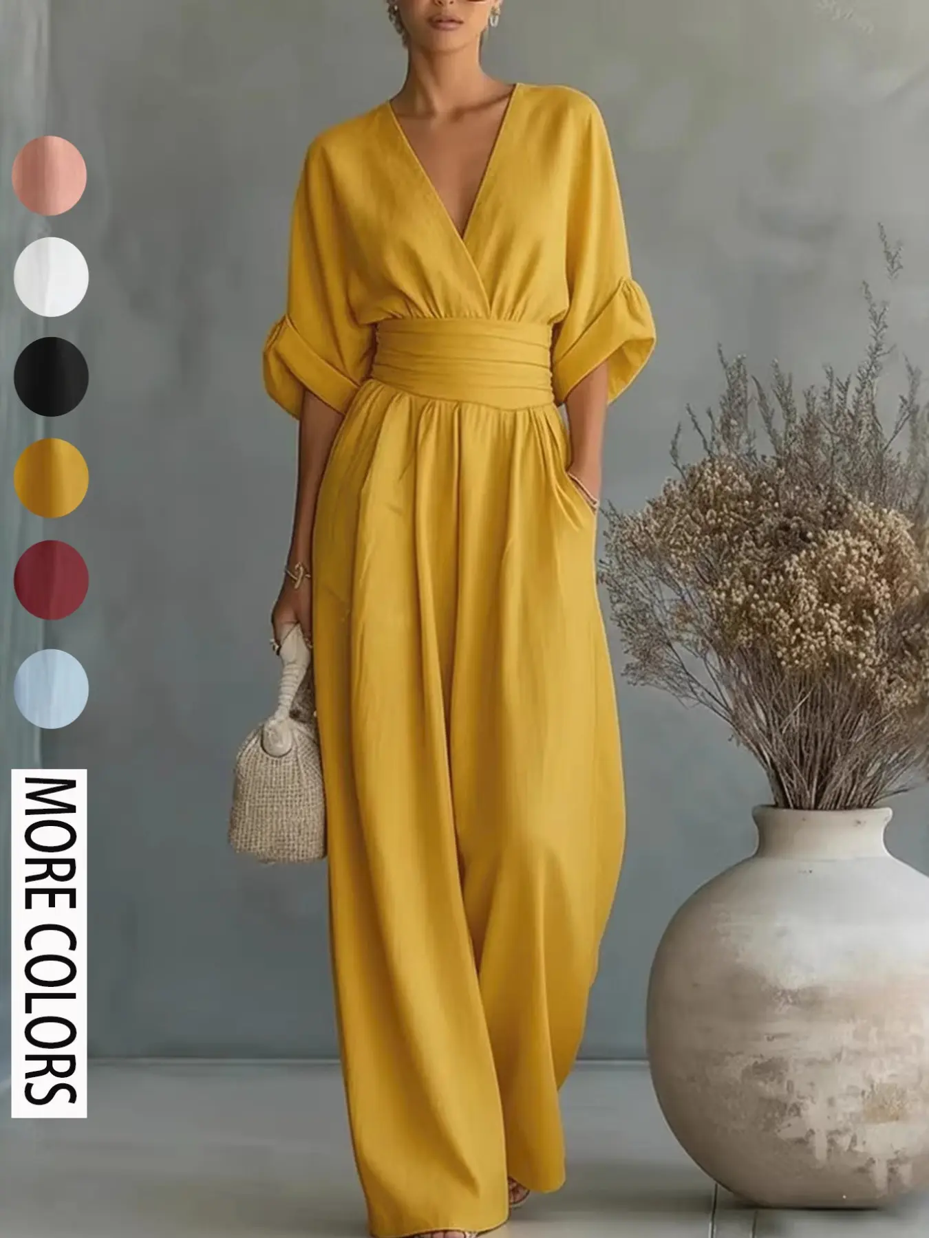 Elegant Women's V-Neck High-Waisted Romper, Batwing Sleeve Loose Fit Wide Leg Pants, Spring Summer Chic, Trendy One-Piece Dress