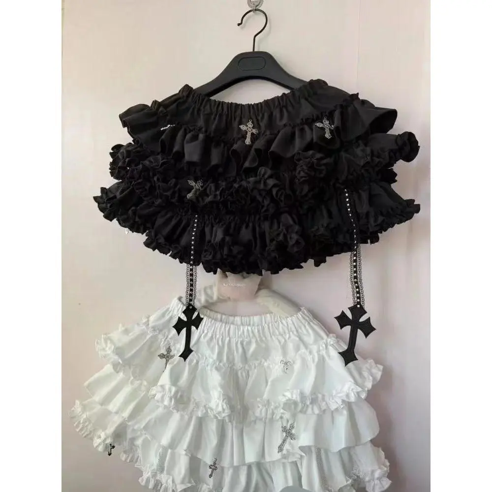 Y2k Gothic Elastic Waist Cross Short Skirt Women Sweet Hot Girl Chic High Waist Ruffle Skirts Female Design Retro Cake Skirt New