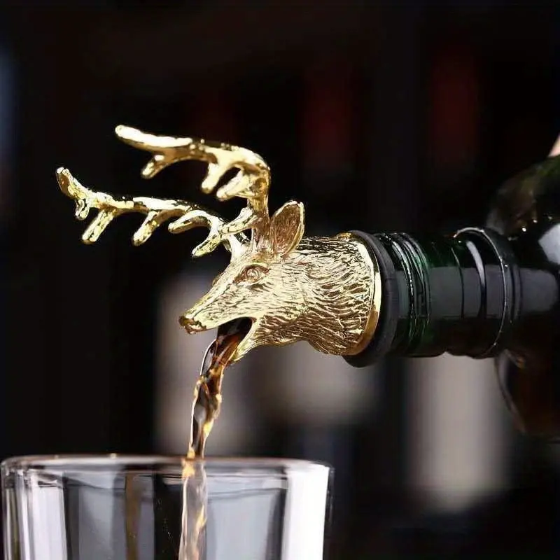 2-In-1 Deer Head Wine Pourer & Airtight Bottle Stopper, Elegant Zinc Alloy Design, Anti-Spill, Tight Seal, Decorative Bar Ornament