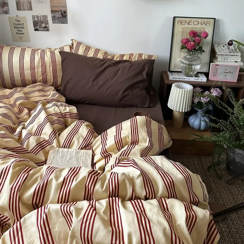 Retro Striped 100% Cotton Duvet Cover Set - Twin Red Vintage, Soft Breathable, 3 Pieces, Bedroom Decor, Bedding Sets, Home Decor Items, Retro Look