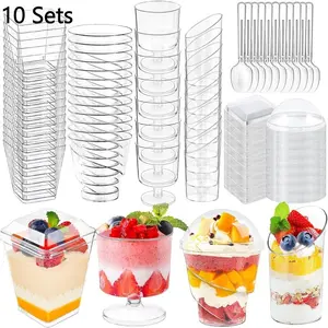 10 Sets Dessert Cups with Spoons & Lids, Mini Plastic Dessert Cups for Party Yogurt Parfait Jello Appetizer Cocktail Small Clear Reusable Fruit Ice Cream Cake Pudding Cups
