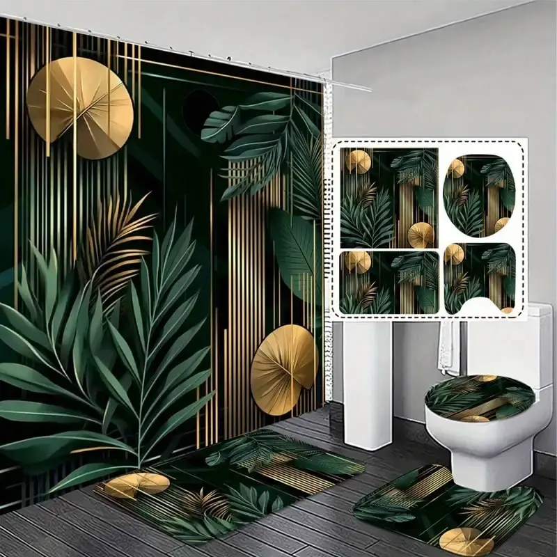 4pcs, Bohemian Style 2D FLAT Shower Curtain Set with Matching Bath Rugs - Tropical Leaf Design for Modern Bathroom Decor