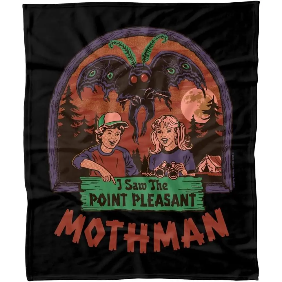Vintage Cryptid Mothman Forest Camping Graphic Flannel Throw Blanket, Retro Cryptozoology Creature Art Soft Fleece Blanket, Home Decor Gift For Urban Legend & Monster Fans