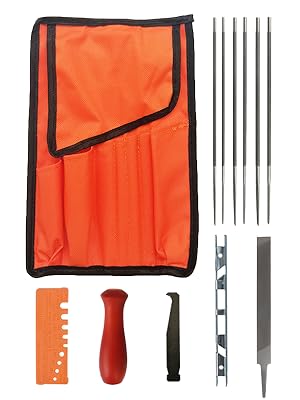 Chainsaw File 12 Pack, Chainsaw Sharpener File Kit Include 5/32 Inch*2, 3/16 Inch*2, 7/32 Inch*2 Round Chainsaw File,6" Flat File, Depth Gauge, Quick Check Gauge, Wood Handle, Filing Guide, Tool Pouch